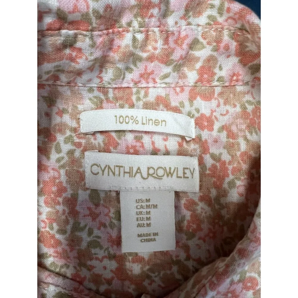 Cynthia Rowley Floral Linen Button Down Shirt WOMEN M Pink Beige Short Sleeve - Picture 5 of 9